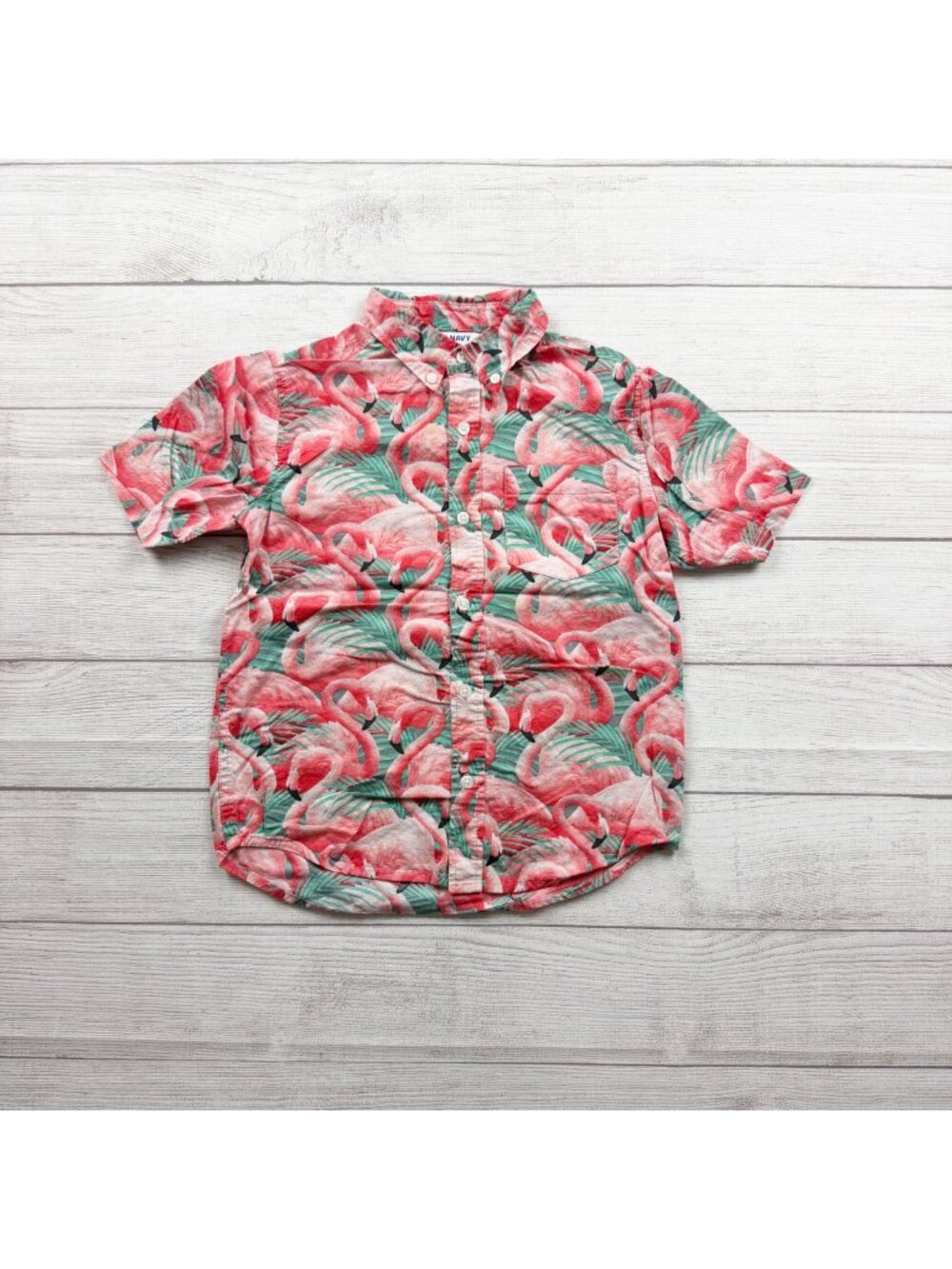 Old Navy Boys Flamingo Print Short Sleeve Button Up Shirt Built-In Flex M 8